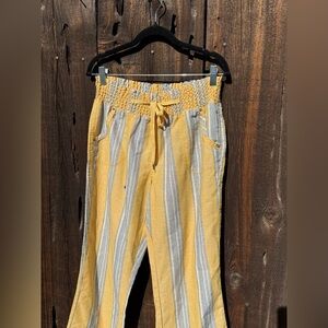 Ci Sono Yellow White & Gray Striped Casual Beachy Pants with Smocked Waist